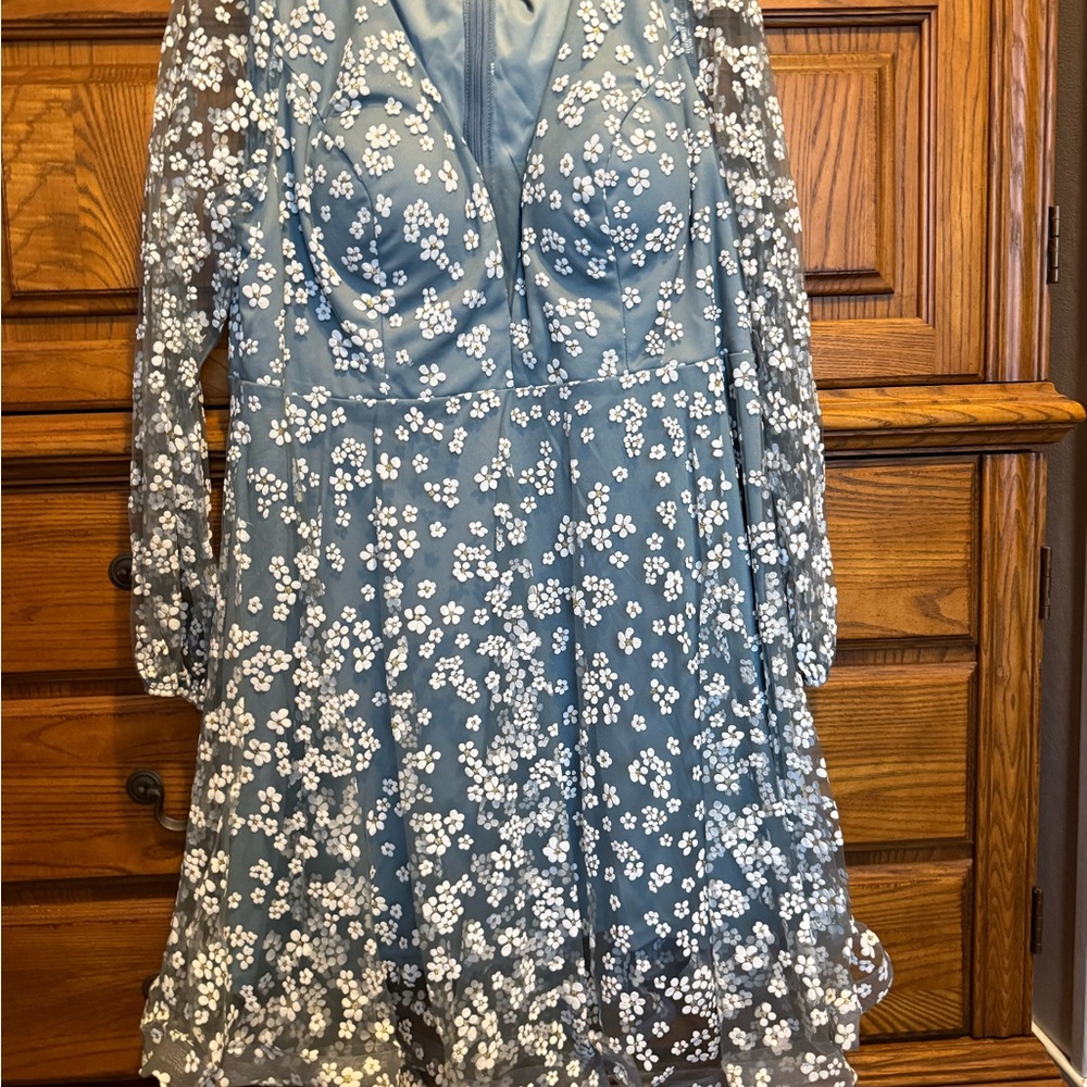 Elegant Blue Floral Lace Dress